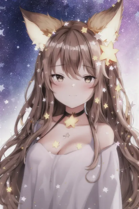 (star \(symbol\):1.000), (star hair ornament:1.000), (starry background:1.000), (animal ears:0.996), (1girl:0.983), (hair ornament:0.968), (gradient background:0.951), (gradient:0.932), (saint quartz \(fate\):0.927), (brown hair:0.924), (long hair:0.905), (star \(sky\):0.896), (starfish:0.874), (star necklace:0.802), (brown eyes:0.768), (star print:0.761), (choker:0.737), (looking at viewer:0.706), (starry sky:0.697), (solo:0.687), (pink background:0.658), (eyebrows visible through hair:0.646), (fox ears:0.607), (blush:0.592), (hair between eyes:0.548), (bangs:0.535), (closed mouth:0.512), medium breasts