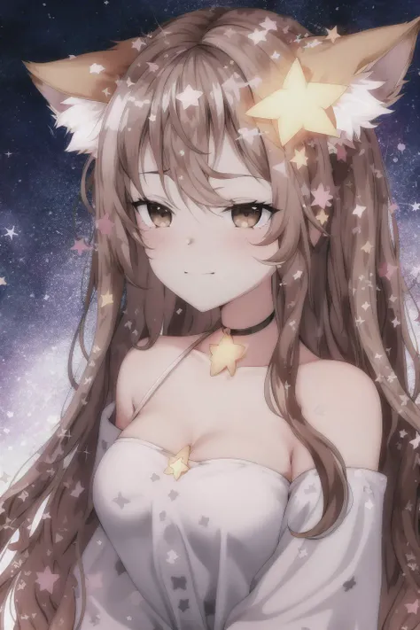 (star \(symbol\):1.000), (star hair ornament:1.000), (starry background:1.000), (animal ears:0.996), (1girl:0.983), (hair ornament:0.968), (gradient background:0.951), (gradient:0.932), (saint quartz \(fate\):0.927), (brown hair:0.924), (long hair:0.905), (star \(sky\):0.896), (starfish:0.874), (star necklace:0.802), (brown eyes:0.768), (star print:0.761), (choker:0.737), (looking at viewer:0.706), (starry sky:0.697), (solo:0.687), (pink background:0.658), (eyebrows visible through hair:0.646), (fox ears:0.607), (blush:0.592), (hair between eyes:0.548), (bangs:0.535), (closed mouth:0.512), medium breasts