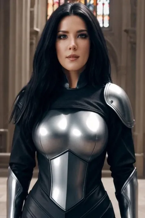black hair, black eyeliner, wearing light metal armor with a sword, in a haunted church, strikes sexy poses, and looks flirtatious, ultra-detailed human face, amazing fine detail, Canon 5DM4, film stock photograph, f1.6 lens, lifelike texture, lighting, dynamic composition, unreal engine, photorealist, real life, sensual, <lora:add_detail:0.2>, <lora:Halsey:1>