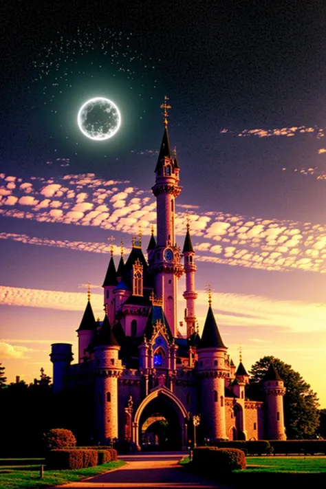a castle with a clock on the front of it, a black hole in the sky with a star in the background