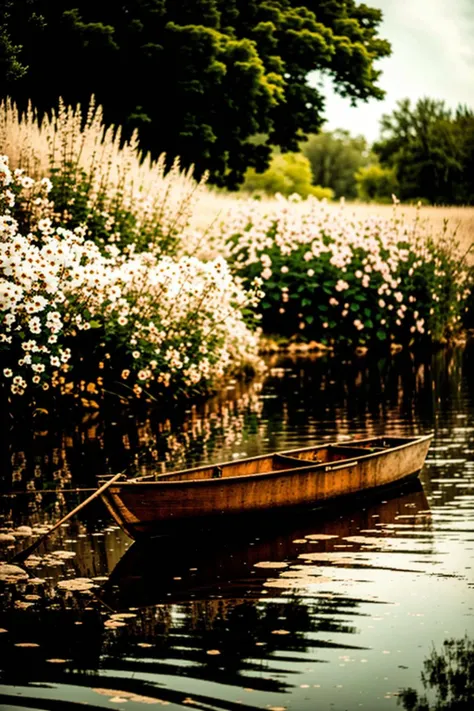 a boat with flowers in the water