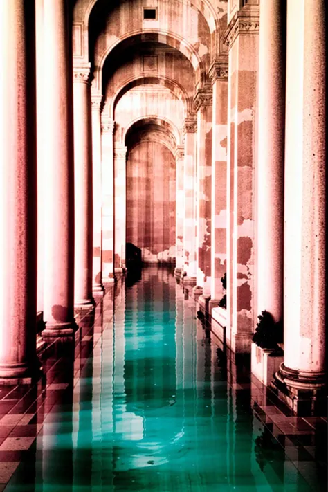 a long pool with pink columns in the background