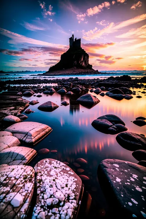 a sunset over a rocky beach with rocks, a man standing in front of a tall building