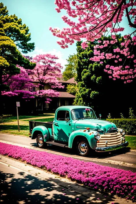 an old truck parked on the side of a road , outdoors, day, tree, no humans, cherry blossoms, ground vehicle, scenery, motor vehicle, car, road, vehicle focus, sports car