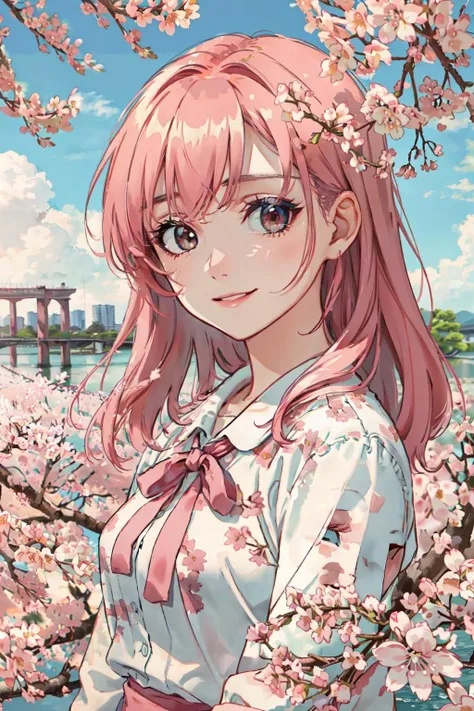 <lora:Scape-tastic:1>outdoors,sky,day,cloud, cherry blossoms,scenery,
(best quality, masterpiece, RAW photo,ultra-detailed:1.2), <lyco:GoodHands-beta2:1.0>,1girl,solo,looking at viewer, smile,