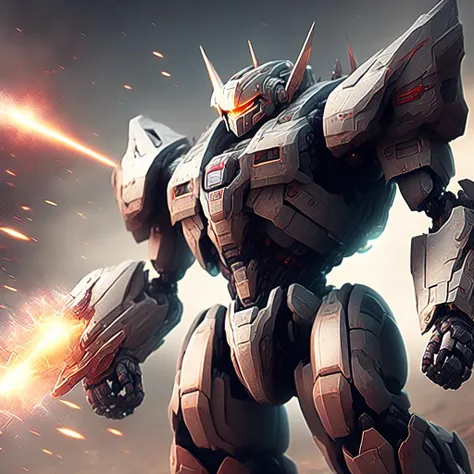 photo Mecha Battle, lasers, explosions, fire, destroyed structures, Mobile Suit Gundam Fighting (GundamFight style:1) <lora:djzGundamFight:0.8)