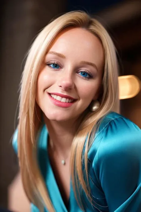 long blonde haired woman <lora:ashl3yr1d3r:1>, in stunning blue dress, RAW, HD, 8K, smiling:0.25, downtown at night, date night, midnight in the city, cinematic lighting, highly detailed face