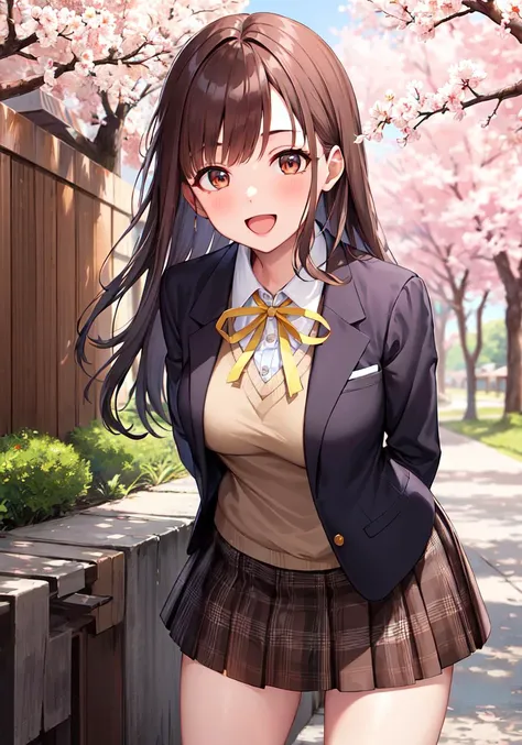 (masterpiece, best quality:1.0), highly detailed, intricate detail, 1girl , aachiyoko,long hair,neck ribbon, yellow ribbon, collared shirt, sweater vest, blazer, black jacket, open clothes, long sleeves, plaid skirt, brown skirt, <lora:sonoda_chiyoko_v1:0.7>, outdoor, cherry blossoms, smile, leaning forward, standing, cowboy shot, open mouth, arms behind back,