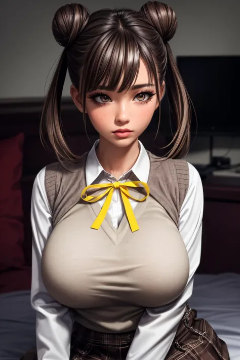 (ultra realistic,32k,RAW photo:1.1),(high detailed skin:1.1), 8k uhd, dslr, high quality, film grain, (makeup, mascara:1.1), lips,(thick\lips\),
(shiny glossy translucent clothing:1.1), <lora:sonoda_chiyoko_v1:0.7>aachiyoko, double bun, twintails, neck ribbon, yellow ribbon, collared shirt, sweater vest, blazer, black jacket, open clothes, long sleeves, plaid skirt, brown skirt, <lora:add_detail:0.9>, huge breast,
Spinning with dress flared out, (upper body:1.1)
(busty:1.1) , (chubby:0.1),(soft shaded:1.2),<lora:LowRA:0.4>, dark theme, transcendent meditation retreat, spiritual enlightenment, higher consciousness, inner peace