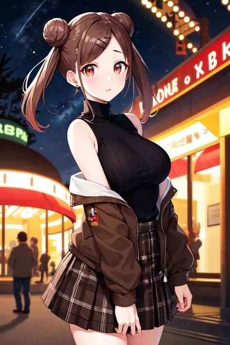 masterpiece, best quality, highres, eechiyoko, double bun, twintails, hairclip, earrings, turtleneck, bare shoulders, off shoulder, sleeveless sweater, (black sweater:1.2), brown jacket, long sleeves, brown skirt, plaid skirt, <lora:sonoda_chiyoko_v1:0.7>, outdoors, amusement park, night, standing, cowboy shot,