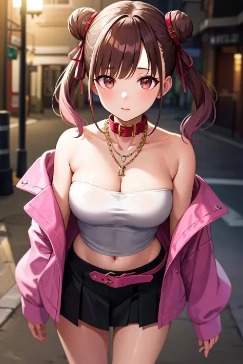 masterpiece, best quality, highres, ccchiyoko, double bun, twintails, hair ribbon, collar, chain necklace, bare shoulders, cleavage, strapless, tube top, white shirt, off shoulder, pink jacket, open jacket, midriff, belt, black skirt, <lora:sonoda_chiyoko_v1:0.7>, street, cowboy shot, standing,