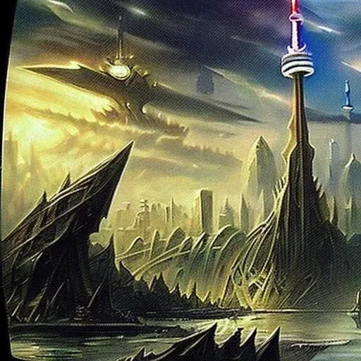 mtg card art, (toronto:1.2), (basic land - island:1.1), new phyrexia, nph, by adam paquette, (toronto skyline:1.2), (phyrexian:1.1), dark, horror, cn tower, rogers centre, extremely detailed, intricate details, masterpiece, best quality