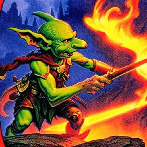 mtg card art, (goblin flamethrower:1.1), red, r, instant, sorcery, onslaught, legions, scourge, ons, lgn, scg, a crazed, intense, happy goblin is shooting fire from a flamethrower, dangerous, reckless, beautiful composition