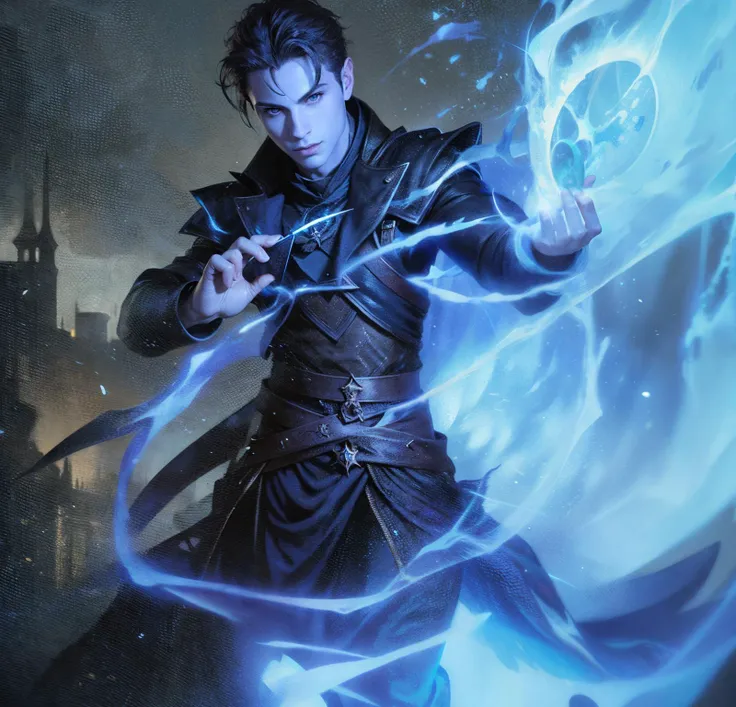 MTG card art, handsome young adult mage, Blue Black, Dimir