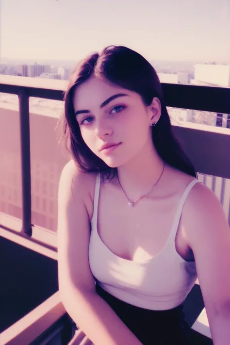 chadpo,a woman leaning against the railing,close-up,fashion dressd,city,skyscraper,day,masterpiece, highres, best quality, highly detailed, original,Delicate background,extremely detailed 8K wallpaper, <lora:chadpo-Onestep2:1>