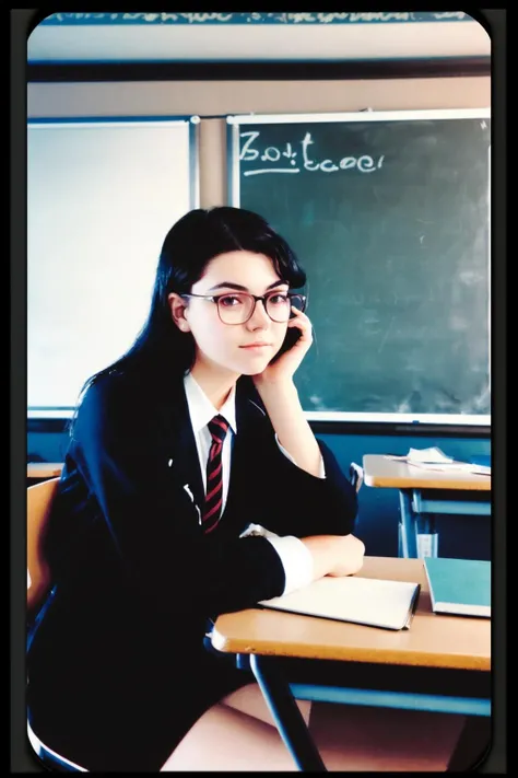 <lora:cp6-000003:1.0>,chadpo,girl,looking at viewer,school uniform,glasses,long black hair,upper body,expressionless,sitting on chair,desk,classroom,blackboard,day,indoors,