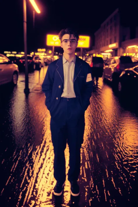 <lora:chadpo-Onestep2:.9>,chadpo,1man,Office uniform,lightning,rainy day,street,night,masterpiece, highres, best quality, highly detailed, original,Delicate background,extremely detailed 8K wallpaper