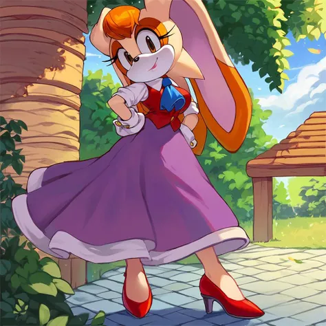 score_9, score_8_up, score_7_up, score_6_up, score_5_up, score_4_up, (Source sonic), (rating safe), vanilla the rabbit, 1girl, solo, outside, wearing purple dress, red vest high heels, blue ascot, large breasts, brown eyes, looking at viewer, standing, outside, trees, fall weather,  <lora:Vanilla the rabbit xl :1>, wide hips, rabbit girl, short hair, body fur, hands on hips, anime style