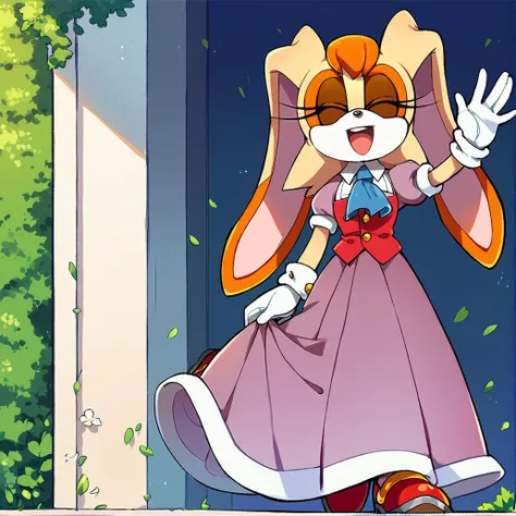 score_9, score_8_up, score_7_up, score_6_up, score_5_up, score_4_up, (Source sonic), (rating safe), <lora:Vanilla the rabbit xl :1>, vanilla the rabbit, 1girl, smile, open mouth, skirt, shirt, gloves, dress, standing, full body, closed eyes, short sleeves, solo focus, puffy sleeves, white gloves, rabbit girl, hand up, puffy short sleeves, ascot, ^ ^, holding hands, happy, furry, long skirt, waving, white fur, rabbit ears, animal nose, brown eyes, animal ears, furry female, orange hair