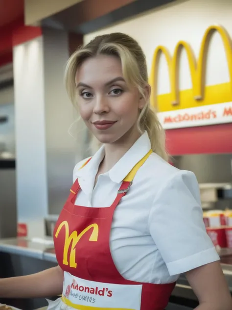 RAW candid cinema, ((syds woman)) waist up portrait , (as a mcdonald's employee:1.2), f2, 35mm, film grain, low contrast
<lora:SydneySweenyXLDogu:1>