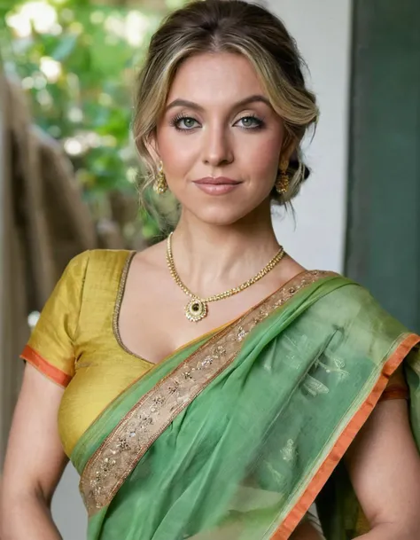 ElizabethOlsen,<lora:ElizabethOlsenSDXL:1>,woman wearing saree, background blur, portrait