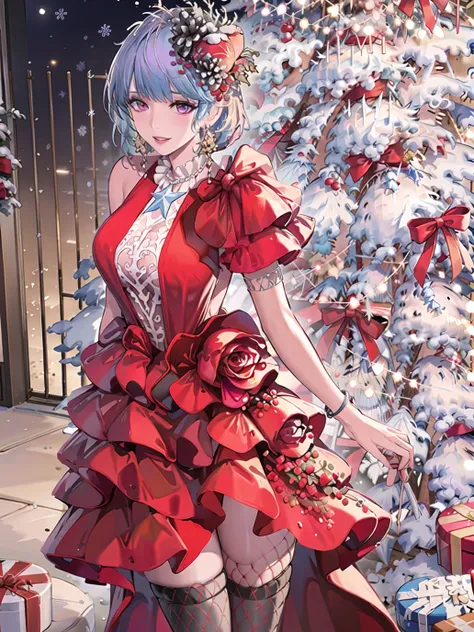 1girl, bangs, blue hair, bow, box, bracelet, christmas, christmas tree, cowboy shot, dress, earrings, fishnets, flower, gift, gift box, hair ornament, hamel, jewelry, looking at viewer, multicolored hair, necklace, pantyhose, parted lips, purple eyes, red dress, ribbon, rose, short hair, smile, solo, thighhighs