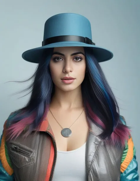 EmeraudeToubia,<lora:EmeraudeToubiaSDXL:1>, Realistic photo of a beautiful woman, 1girl, solo, long hair, hat, jewelry, blue hair, jacket, multicolored hair, necklace, bracelet, lips, realistic, fashion, soft lighting, professional Photography, Photorealistic, detailed, RAW, analog, sharp focus, 8k, HD, DSLR, high quality, Fujifilm XT3, film grain, award winning, masterpiece