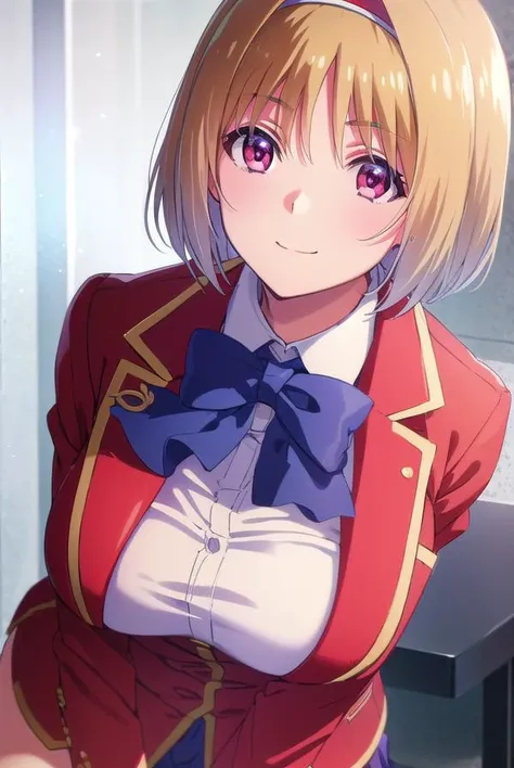 kikyoukushida, <lora:kikyou kushida s2-lora-nochekaiser:1>,
kikyou kushida, short hair, blonde hair, (red eyes:1.3), hairband, hair intakes, smile,
BREAK shirt, long sleeves, bow, school uniform, jacket, white shirt, bowtie, blue bow, blazer, (red blazer:1.5),
BREAK indoors, classroom,
BREAK looking at viewer, (cowboy shot:1.5),
BREAK <lyco:GoodHands-beta2:1>, (masterpiece:1.2), best quality, high resolution, unity 8k wallpaper, (illustration:0.8), (beautiful detailed eyes:1.6), extremely detailed face, perfect lighting, extremely detailed CG, (perfect hands, perfect anatomy),