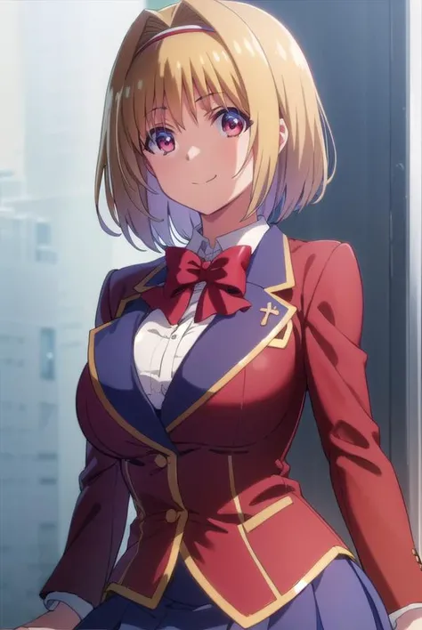 kikyoukushida, <lora:kikyou kushida s2-lora-nochekaiser:1>,
kikyou kushida, short hair, blonde hair, (red eyes:1.3), hairband, hair intakes, smile,
BREAK shirt, long sleeves, bow, school uniform, jacket, white shirt, bowtie, blue bow, blazer, (red blazer:1.5),
BREAK indoors, classroom,
BREAK looking at viewer, (cowboy shot:1.5),
BREAK <lyco:GoodHands-beta2:1>, (masterpiece:1.2), best quality, high resolution, unity 8k wallpaper, (illustration:0.8), (beautiful detailed eyes:1.6), extremely detailed face, perfect lighting, extremely detailed CG, (perfect hands, perfect anatomy),