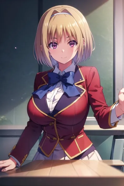 kikyoukushida, <lora:kikyou kushida s2-lora-nochekaiser:1>,
kikyou kushida, short hair, blonde hair, (red eyes:1.3), hairband, hair intakes, smile,
BREAK shirt, long sleeves, bow, school uniform, jacket, white shirt, bowtie, blue bow, blazer, (red blazer:1.5),
BREAK indoors, classroom,
BREAK looking at viewer, (cowboy shot:1.5),
BREAK <lyco:GoodHands-beta2:1>, (masterpiece:1.2), best quality, high resolution, unity 8k wallpaper, (illustration:0.8), (beautiful detailed eyes:1.6), extremely detailed face, perfect lighting, extremely detailed CG, (perfect hands, perfect anatomy),