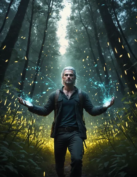 4k, photorealism, masterpiece, fashion photography, high detail, Best quality, Raw photo, The Witcher runs through the forest reaching for camera, in a very beautiful forest, perspective, wide angle shot, fireflies, magic, magical atmosphere, twilight, photo with epic intent, reaching for camera, upcycled, photo of a man, perfectly drawing hands,thm style, high resolution, ultra-sharp focus, deep color rendering, crystal clear image, cinematic bokeh, HDR image, realistic textures, realistic shades and skin texture