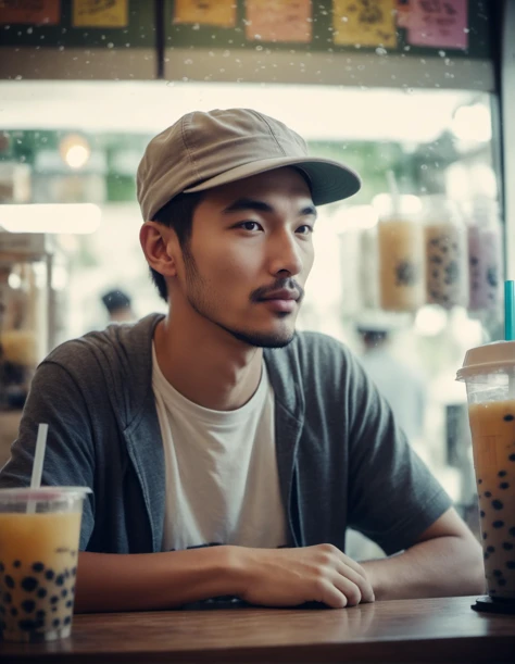 medium shot of a man casual dressed in a cap in a bubble tea shop. wide angle, perspective, Kodak Vision3 500T Film Stock Footage Style, faded film, desaturated, 35mm photo, grainy, vignette, vintage, Kodachrome, Lomography, stained, highly detailed, found footage, side view