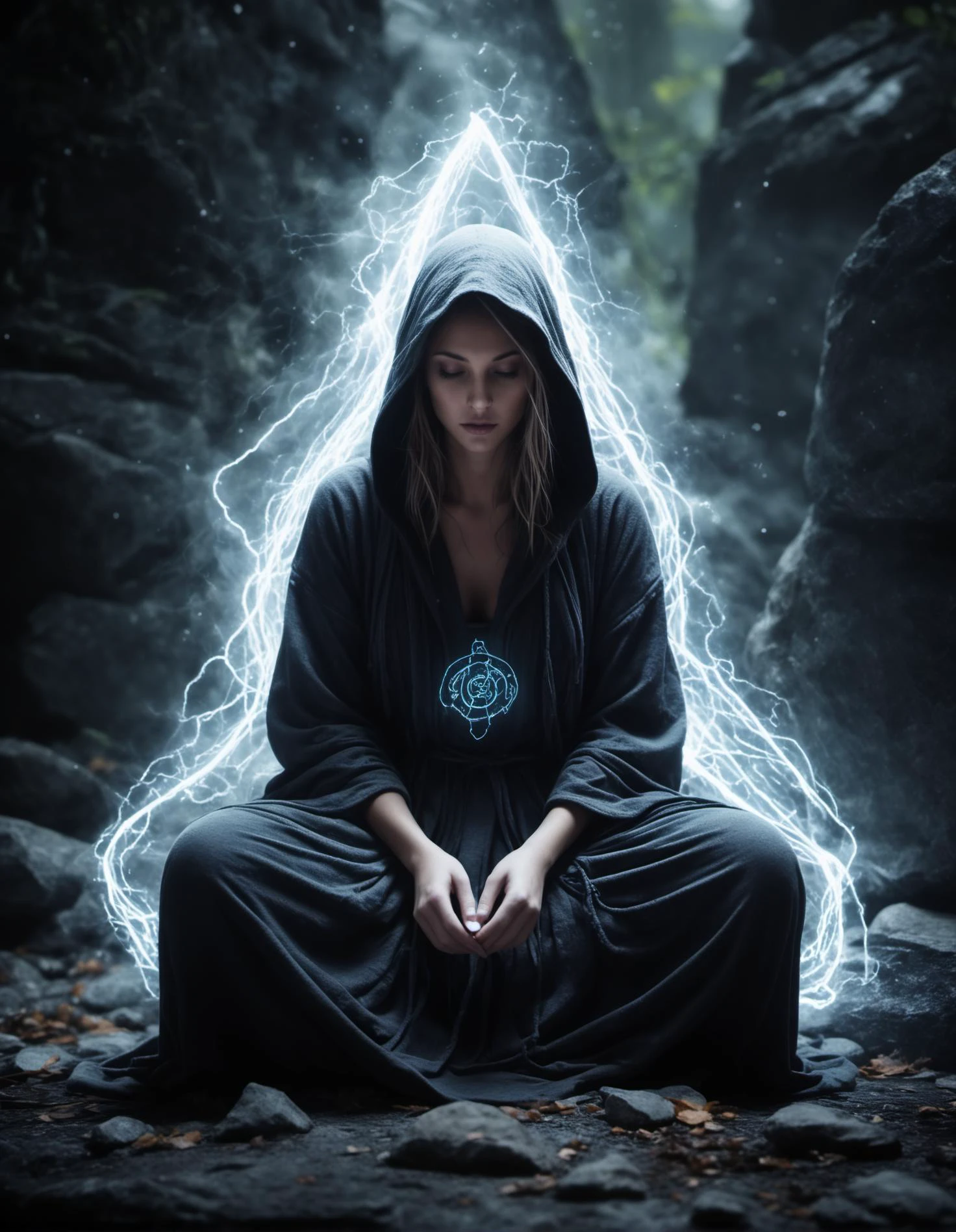 ethereal fantasy concept art of (Long exposure photorealistic art), speed effect, Blurred motion, streaks of light, surreal, dreamy, ghosting effect, highly detailed, a Scandinavian völva woman dressed in a dark long robe with hood sits on her knees in front of a dark stone, decorated along the contour with neon runes, softly glowing with amber light from within, an atmosphere of mystery, in the halls of deep sleep, she casts a spell with her arms spread apart, a magical aura, side view, darkness around, mysterious white volumetric fog, flying particles, dark shot: 1.17, dark sky, mysterious white volumetric fog, flying particles, (magical aura around the stone, glowing runes in the air), dark shot:1.17, dark fantasy, surreal:1.5, tilt-shift effect, perfectly drawing hands, magnificent, celestial, ethereal, painterly, epic, majestic, magical, fantasy art, cover art, dreamy, legenddarkfantasy,