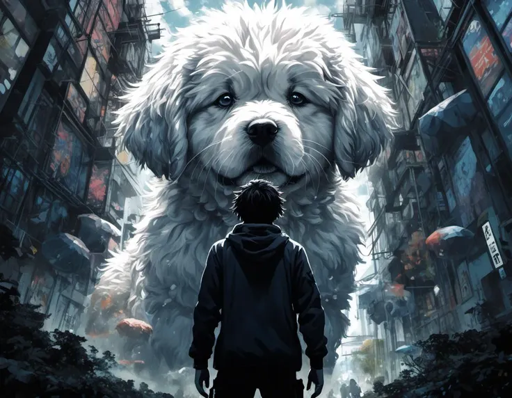 a man with huge fluffy puppy, double exposure collage art illustration, silhouette art, fantasy, hdr, vibrant, surrealism, hyperdetailed, hypermaximalist illustration, art by Anime Key Visual, Japanese Manga, Pixiv, Zerochan, Anime art, Fantia