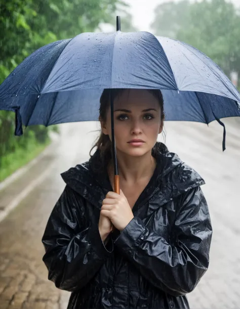 A woman with an open umbrella in her hand is hiding from the pouring rain