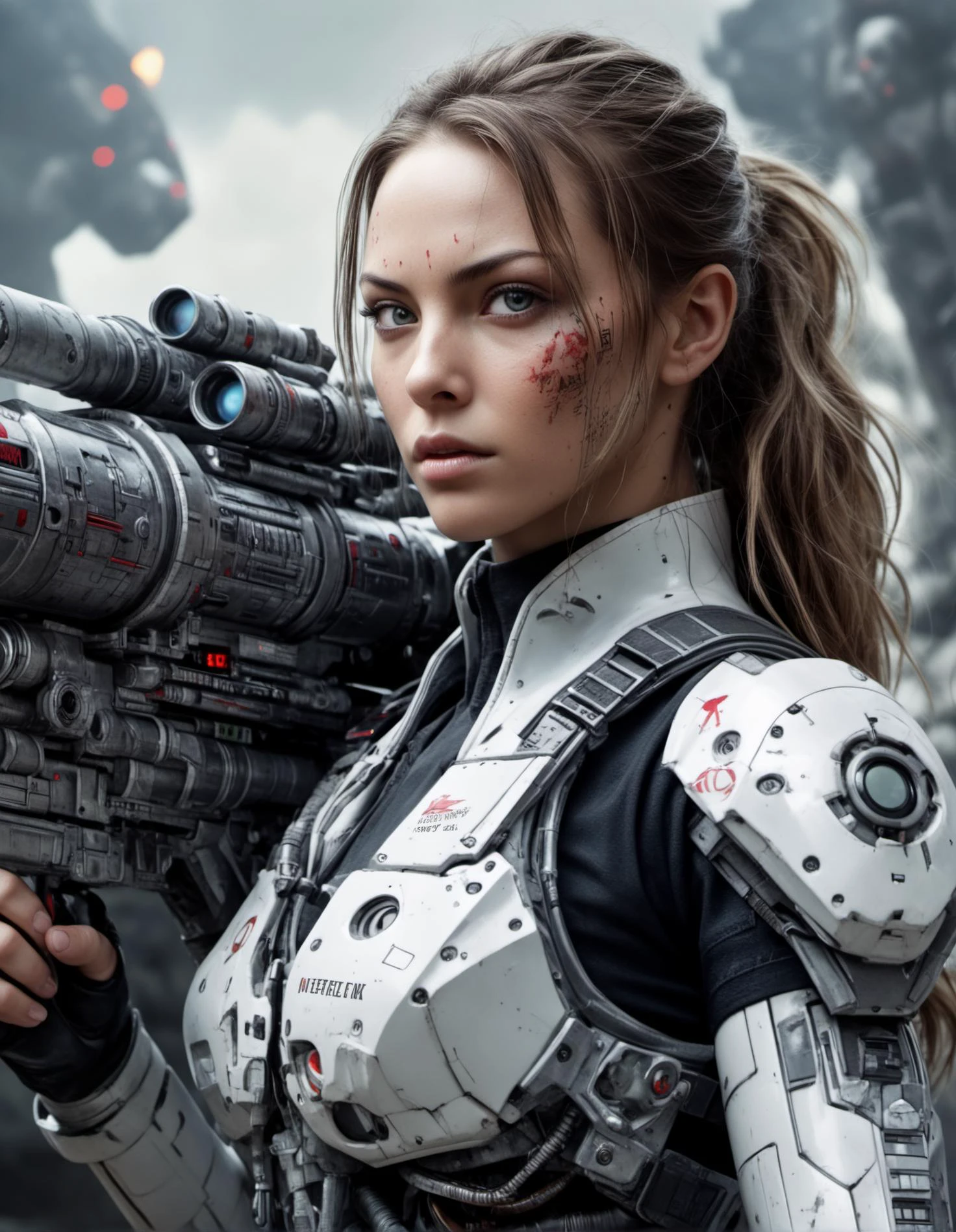 Hyperrealistic art RAW analog photo of a cyborg woman with a big blaster cannon, in the background of the inscription "NETFLIX":1.8, detailed skin, natural skin, (looking left), (sharp focus, hyper detailed, highly intricate), natural lighting, . Extremely high-resolution details, photographic, realism pushed to extreme, fine texture, incredibly lifelike, , in the style of a poster for a fantastic movie, fascinating cosmic landscape