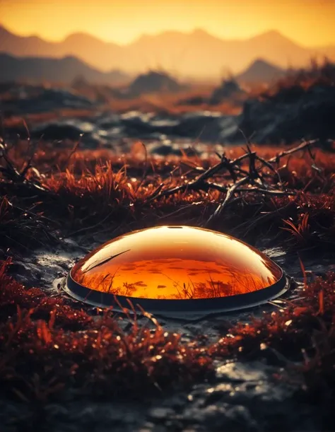 cinematic film still of futuristic landscape by style  Eero Aarnio, high detail,  till and orange colors, sharp focus, epic insane detailed,  amber soft light, shallow depth of field, vignette, highly detailed, high budget, bokeh, cinemascope, moody, epic, gorgeous, film grain, grainy