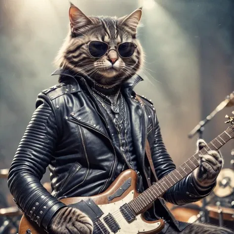 a photograph of a cat with leather jacket playing guitar