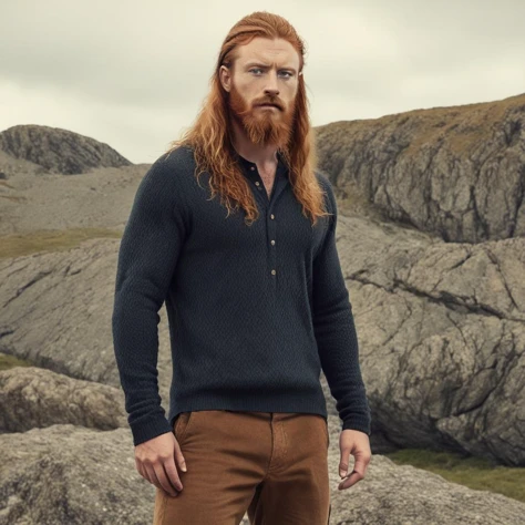 (animesean:1.35), man, rugged, long hair, freckles, pointy beard, ginger, standing in full view