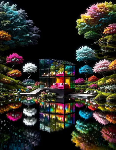 miniature glass house floating on lake, solid black background, luxury furniture inside, scenic, colorful,