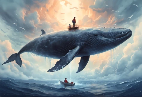 hugging a whale that is floating in the clouds, watercolor painting, high detail, warm lighting, professional ominous concept art, by artgerm and greg rutkowski, an intricate, elegant, highly detailed digital painting, concept art, smooth, sharp focus, illustration, in the style of simon stalenhag, wayne barlowe, and igor kieryluk.