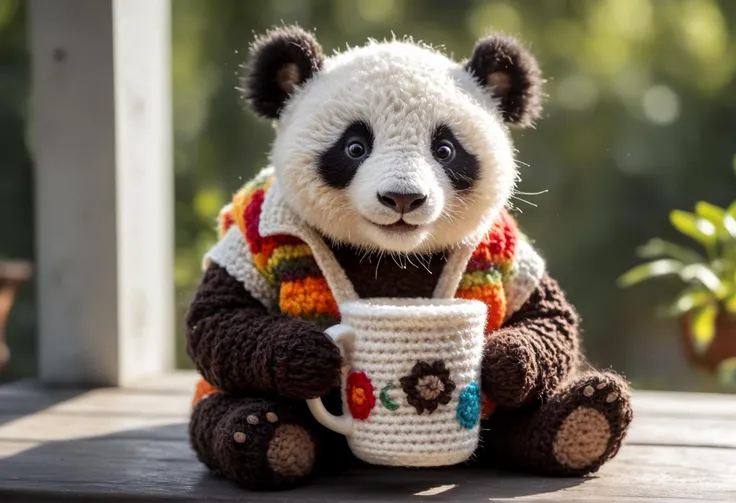 in the morning on a veranda bathed in the sun, a panda cub, smiling, dressed in a crocheted vest with a painted cup of steaming coffee in his hand