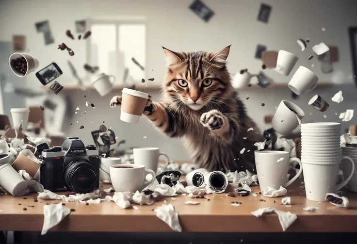 A photorealistic image of a flustered photographer awkwardly aiming a phone camera at a blurry cat leaping off a shelf, surrounded by a cluttered desk overflowing with empty coffee cups, crumpled photo prints, and general disarray.