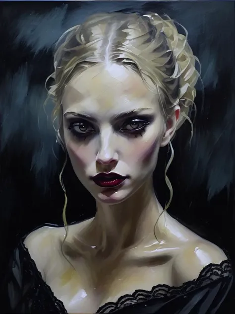 (expressionist oil painting:1.2) a pale blonde woman, beautiful face, sultry, (gothic gown, lace) glistening wet skin, (dark stormy night:1.3), rain, black sky, somber