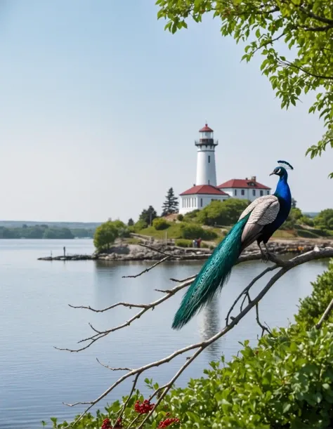 Close-up of a peacock and a peacock (female) sitting on the same tree branch, a branch with green leaves and blue berries and cranberries on the background of a lake, a lighthouse and houses on a hill, an ancient city, a lake, a sailing boat in the distance, detailed neon outline, dark background