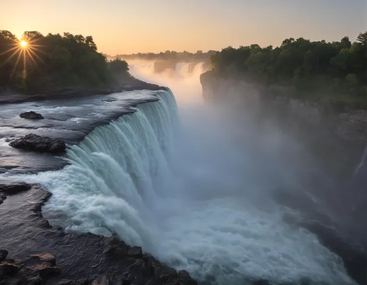 majestic landscape photo of wild water rapids and a waterfall at misty sunrise, niagara falls, victoria falls, extreme details, 