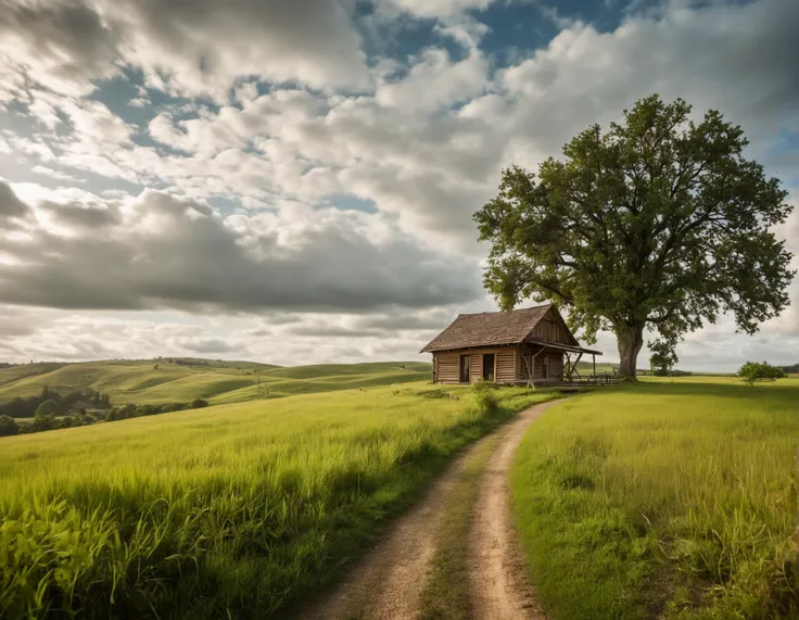 epic insane detailed photo features a lush green field with a tree in the middle, surrounded by a beautiful landscape. The sky is filled with clouds, creating a soft and gentle atmosphere. The field is dotted with small, grassy hills, adding depth to the scene. A dirt road winds through the field, leading to a small, wooden structure that stands out against the natural backdrop. The overall scene is a serene and picturesque representation of rural life.