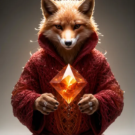 Miracle fox deity by Pre-Raphaelite string art style, amber glow emanating from inside the body through his clothes, with a red big diamond made from transparent glass in his paws, 3d character, volume composition, volume soft light