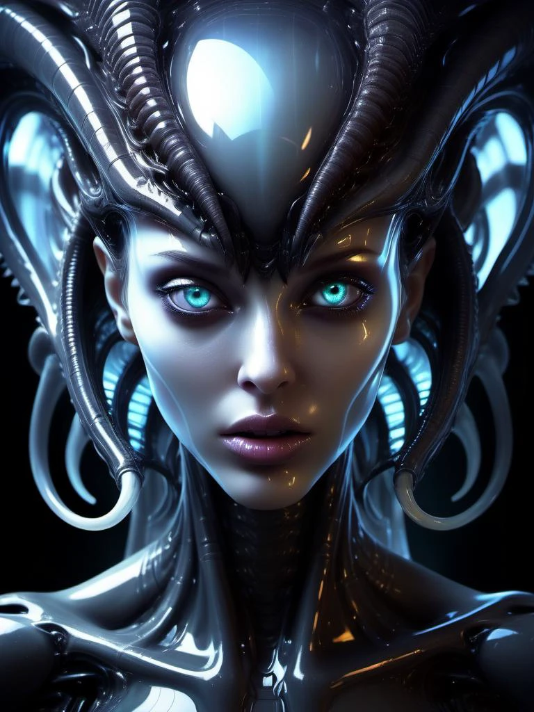 A Goddess peers through the scintillating light of radiant energy. Her xenomorph form confuses the senses with translucent arcs of reflective and transparent flowing shapes. Her eyes seethe with the insanity of chaos, her mouth opens to consume all existence.