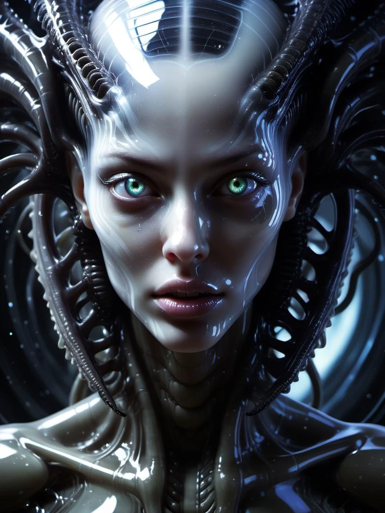 A Goddess peers through the scintillating light of radiant energy. Her xenomorph form confuses the senses with translucent arcs of reflective and transparent flowing shapes. Her eyes seethe with the insanity of chaos, her mouth opens to consume all existence.